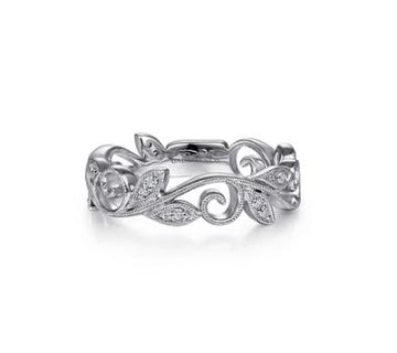 White Gold Scrolling Floral Diamond Stackable Ring